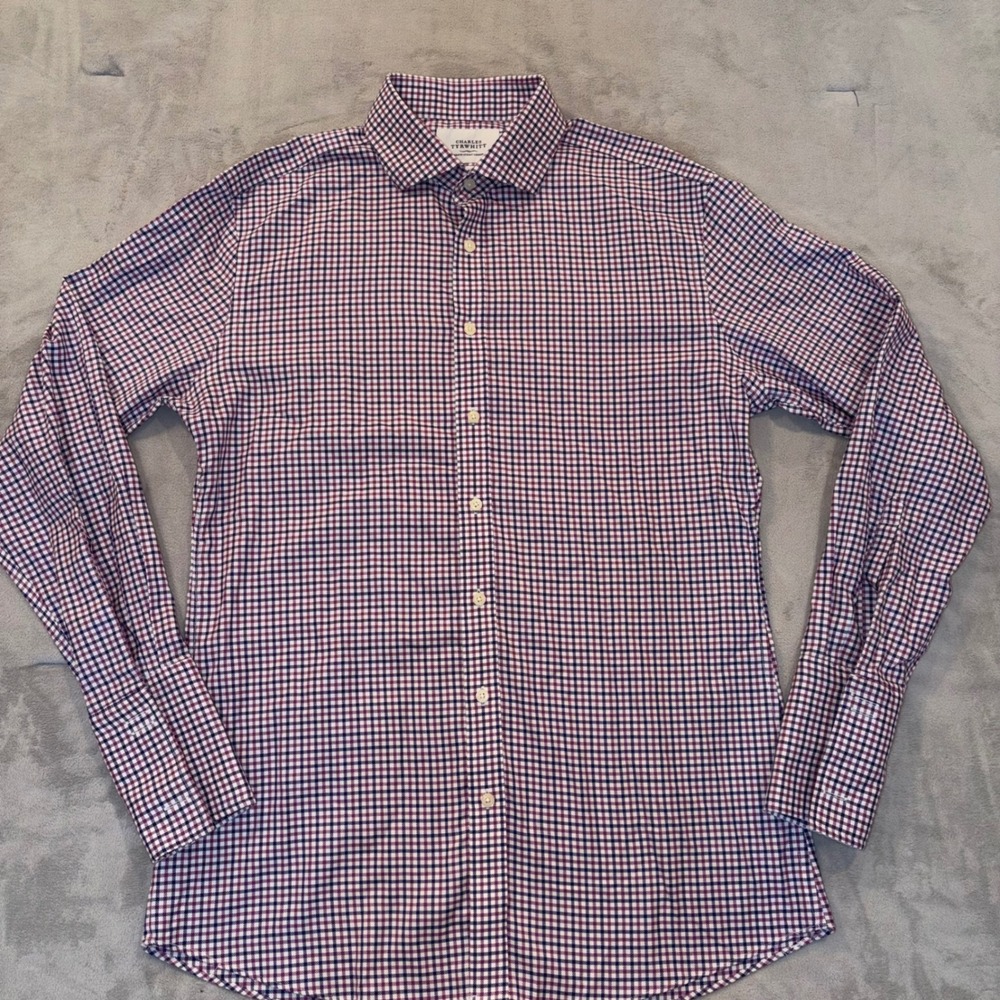 Charles Tyrwhitt Mens 17.5/36 Purple Navy‎ Gingham Non-Iron Slim Fit Dress Shirt